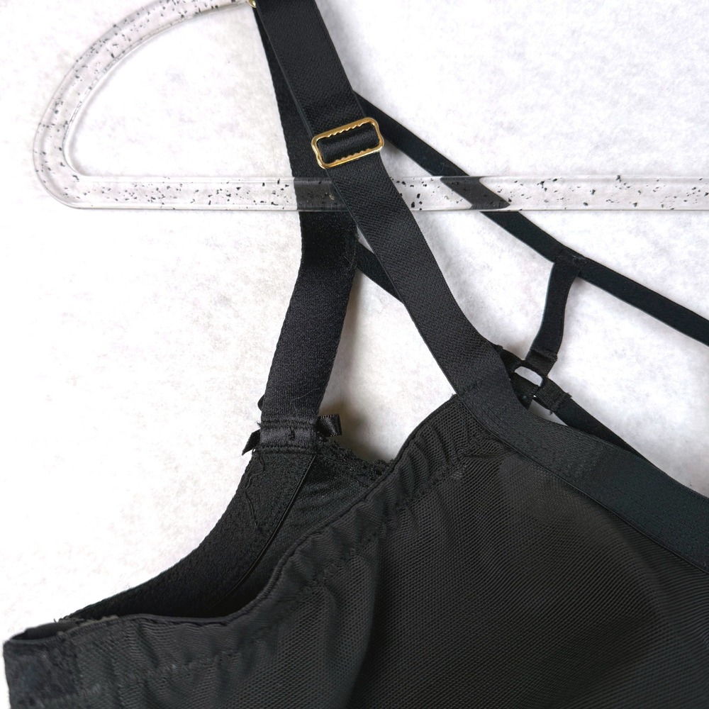 Cacique Black Lace Cage Strap Lightly Lined Balconette Bra 40DDD 610635, 1 Flaw - Picture 11 of 16